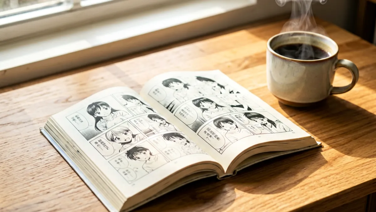温暖的阅读空间，一张木桌旁放着翻开的日系漫画书页，柔和暖光从窗外洒入，营造安静专注的阅读氛围