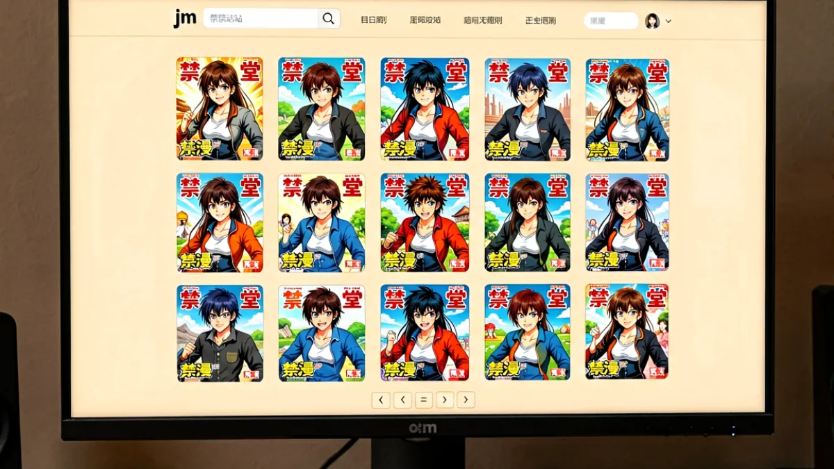 电脑屏幕上显示jm禁漫天堂的漫画列表页面，可以看到多本漫画封面以网格形式排列，顶部导航栏清晰可见搜索框和分类标签，整体页面排版整洁有序