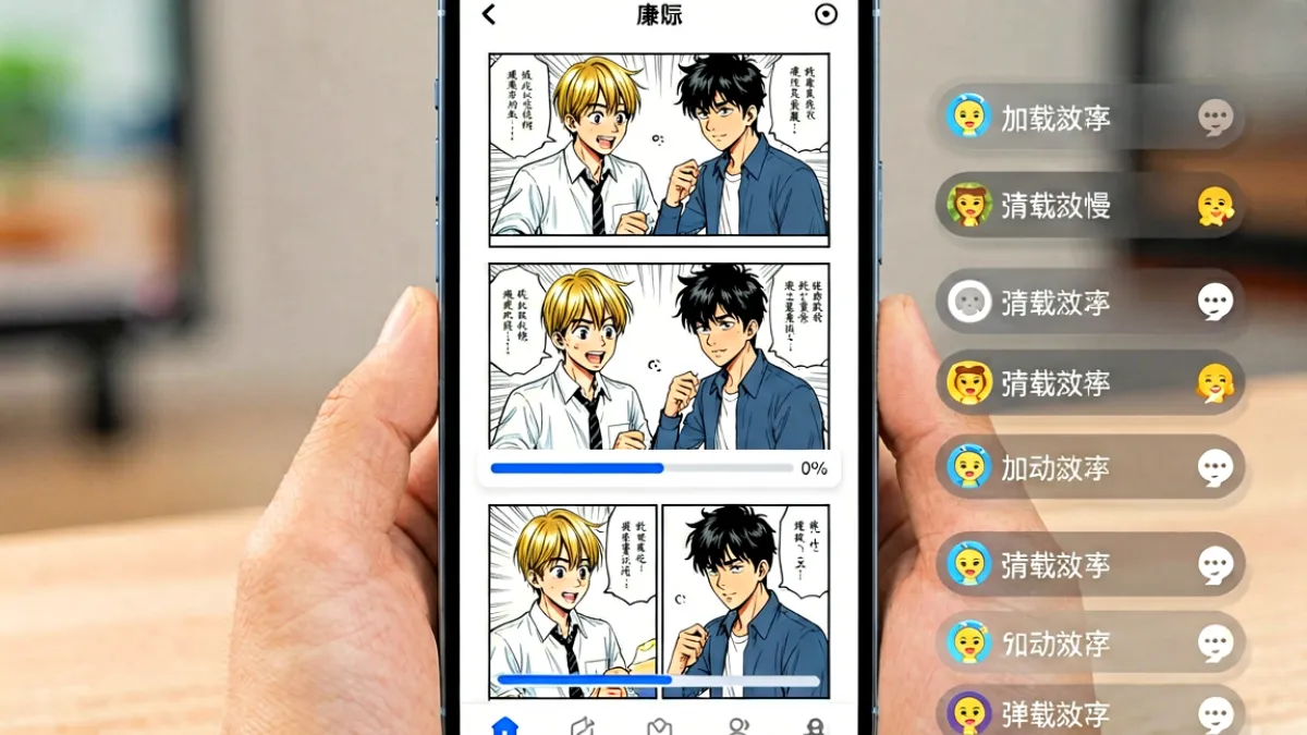 漫画阅读器界面中多张漫画图片正在逐步加载显示的进度条动画，屏幕右侧悬浮着弹幕列表，场景为用户手机端阅读体验
