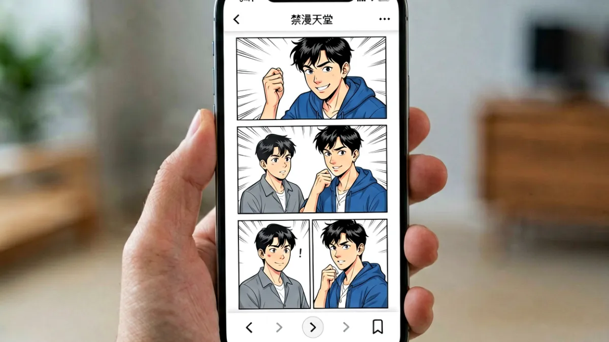 用户在手机竖屏模式下浏览禁漫天堂漫画详情页，屏幕中显示分镜清晰的阅读界面，底部有翻页控制和书签按钮
